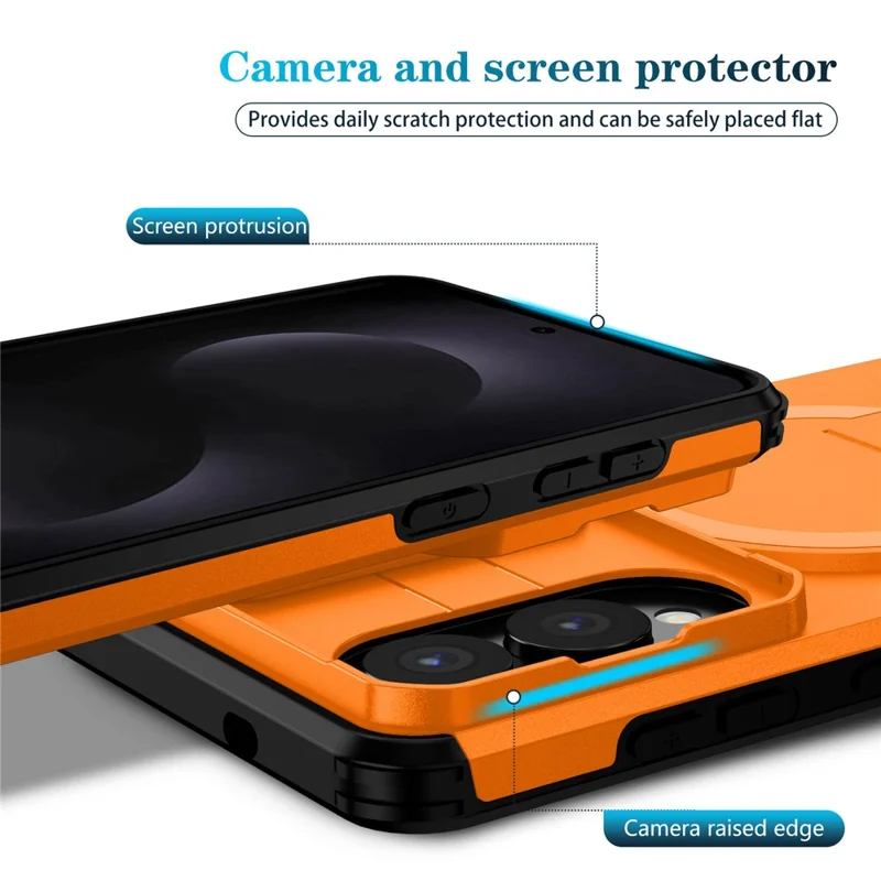 Cover magnetico con supporto e scorrevole per fotocamera per Samsung Galaxy S25 Edge, custodia in PC + TPU con supporto integrato - Arancione