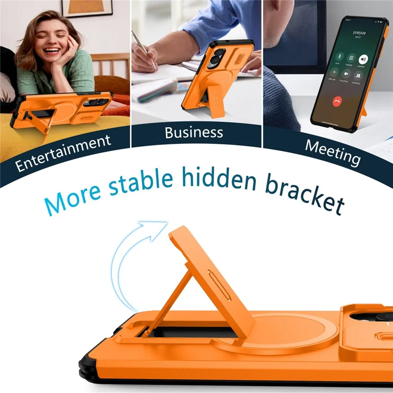 Cover magnetico con supporto e scorrevole per fotocamera per Samsung Galaxy S25 Edge, custodia in PC + TPU con supporto integrato - Arancione