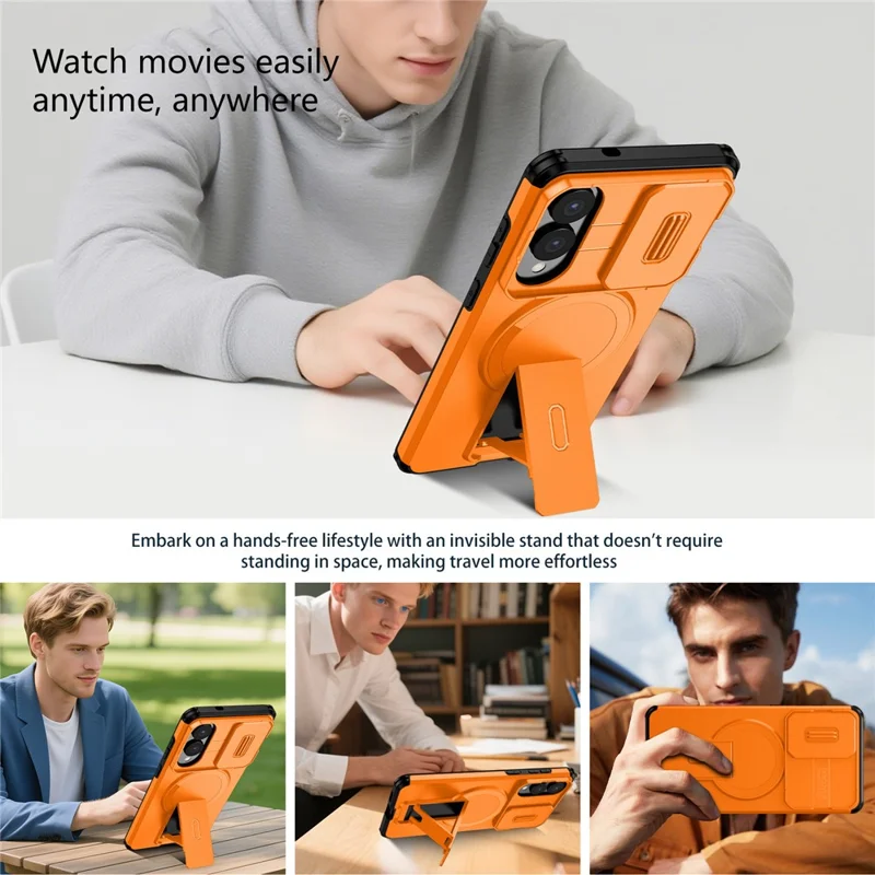 Cover magnetico con supporto e scorrevole per fotocamera per Samsung Galaxy S25 Edge, custodia in PC + TPU con supporto integrato - Arancione