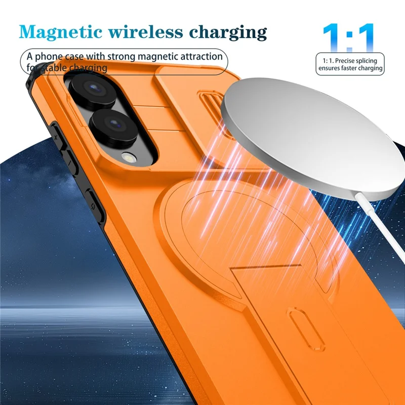 Cover magnetico con supporto e scorrevole per fotocamera per Samsung Galaxy S25 Edge, custodia in PC + TPU con supporto integrato - Arancione