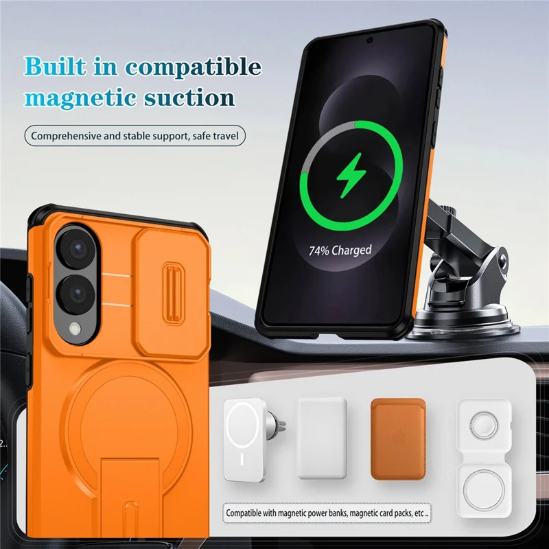 Cover magnetico con supporto e scorrevole per fotocamera per Samsung Galaxy S25 Edge, custodia in PC + TPU con supporto integrato - Arancione