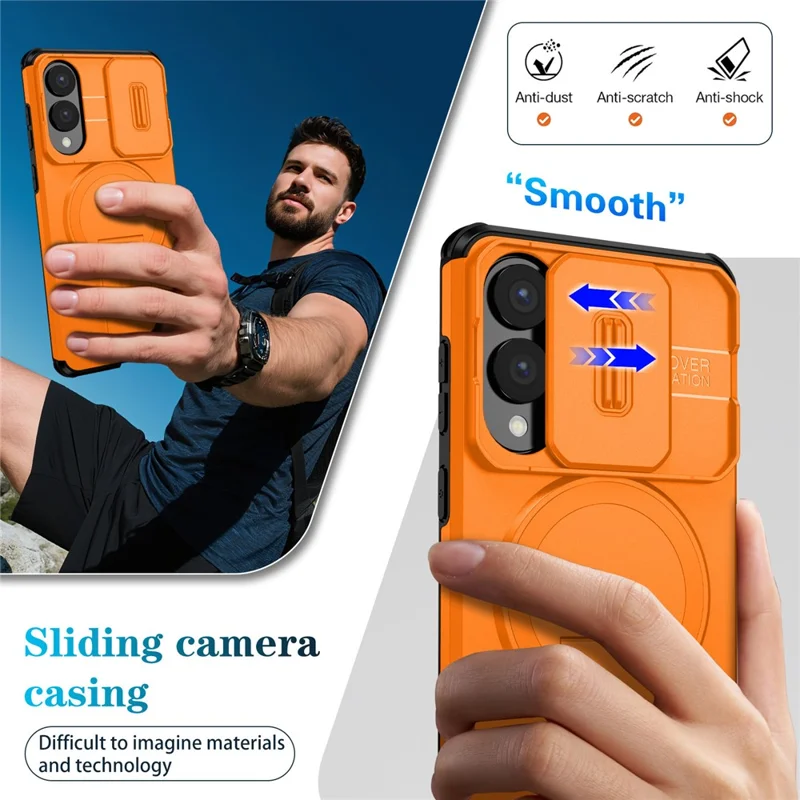 Cover magnetico con supporto e scorrevole per fotocamera per Samsung Galaxy S25 Edge, custodia in PC + TPU con supporto integrato - Arancione
