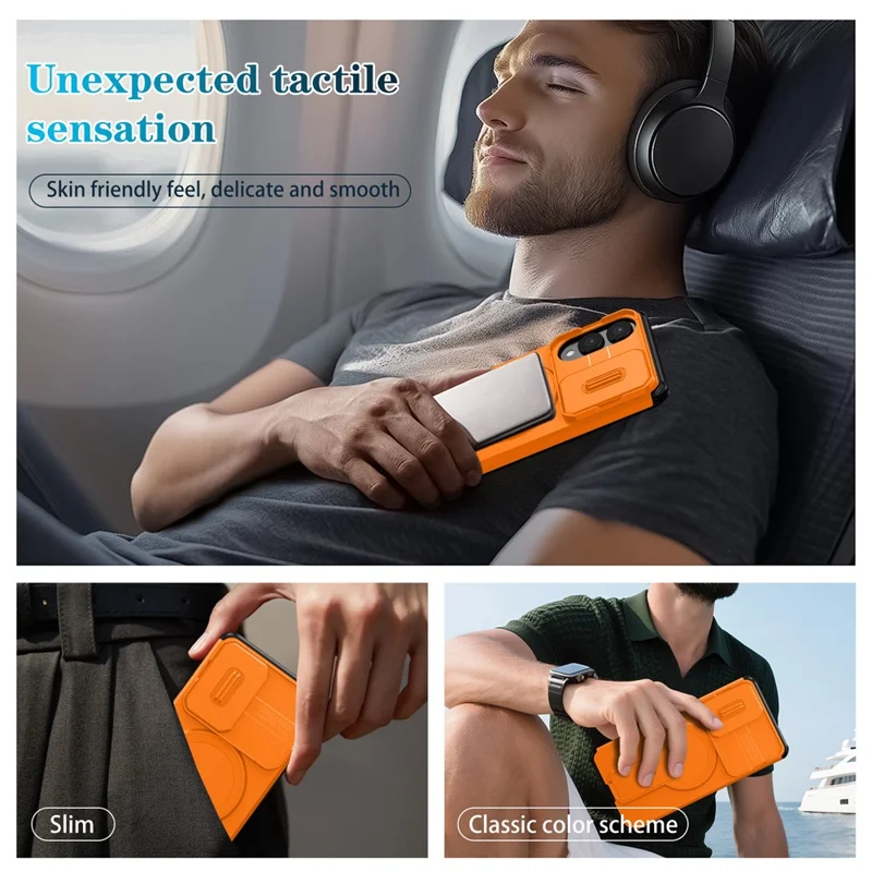 Cover magnetico con supporto e scorrevole per fotocamera per Samsung Galaxy S25 Edge, custodia in PC + TPU con supporto integrato - Arancione