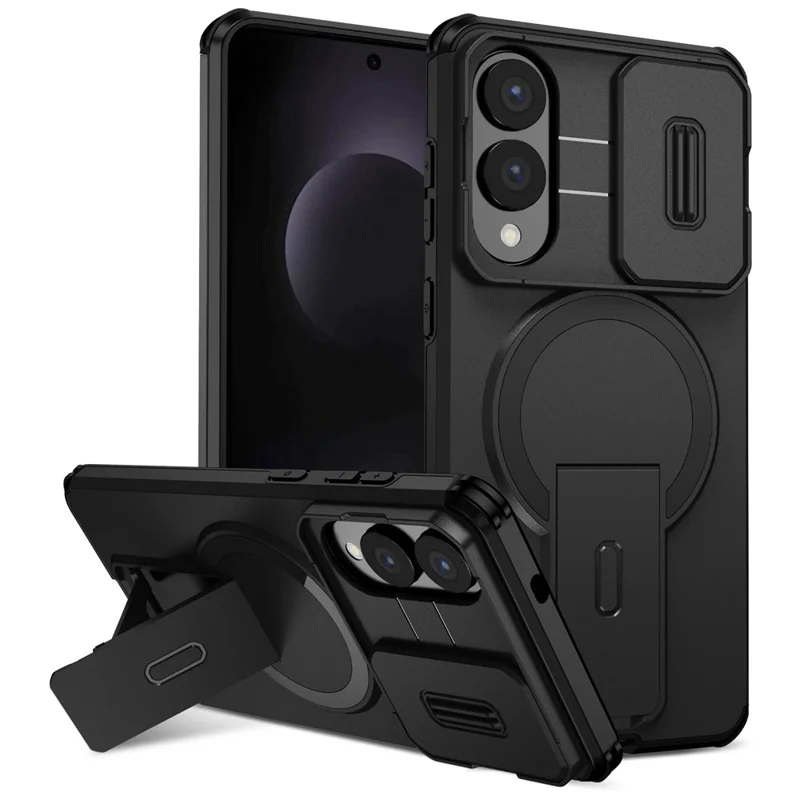 For Samsung Galaxy S25 Edge Magnetic Case Kickstand Camera Slider PC + TPU Phone Cover - Black