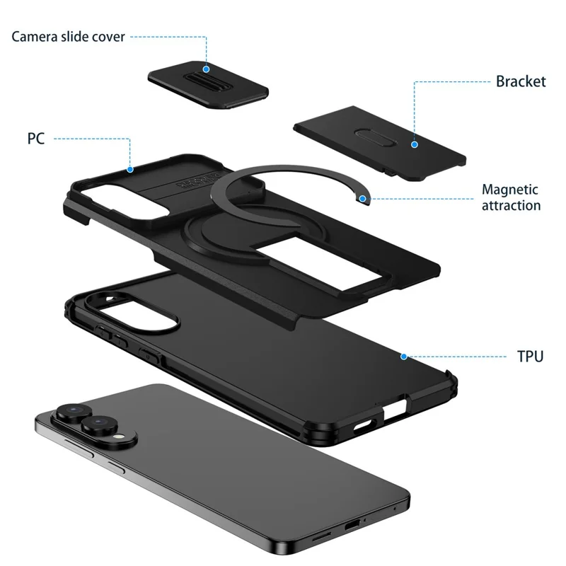 For Samsung Galaxy S25 Edge Magnetic Case Kickstand Camera Slider PC + TPU Phone Cover - Black