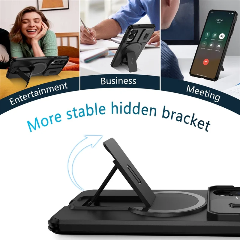 For Samsung Galaxy S25 Edge Magnetic Case Kickstand Camera Slider PC + TPU Phone Cover - Black