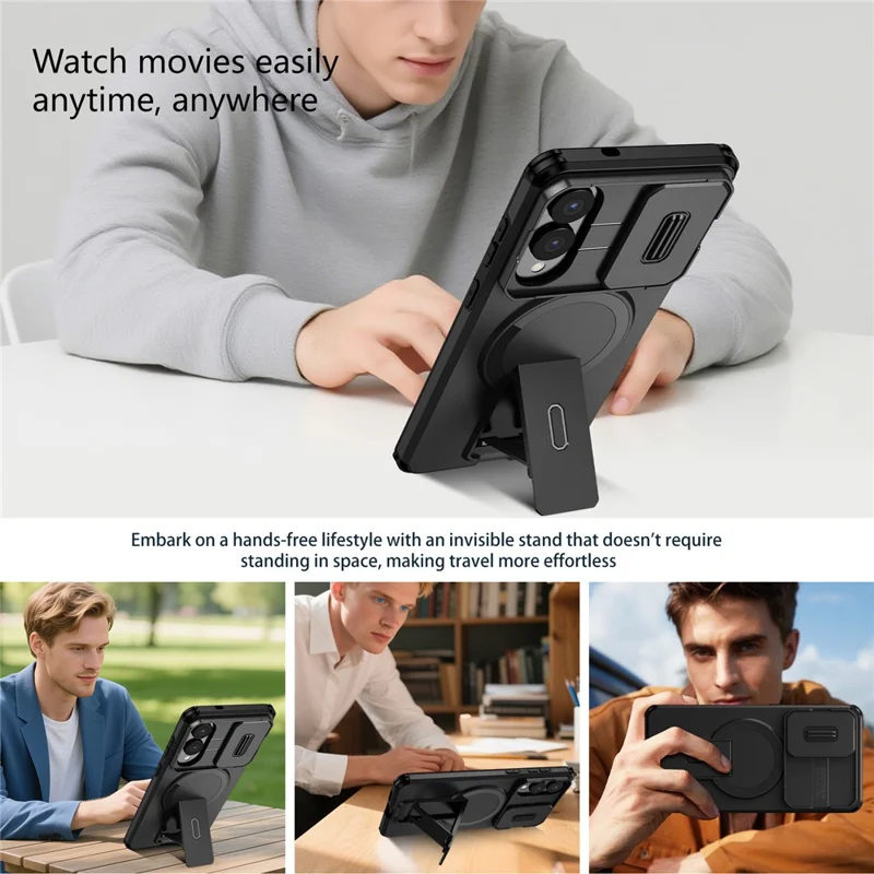 For Samsung Galaxy S25 Edge Magnetic Case Kickstand Camera Slider PC + TPU Phone Cover - Black