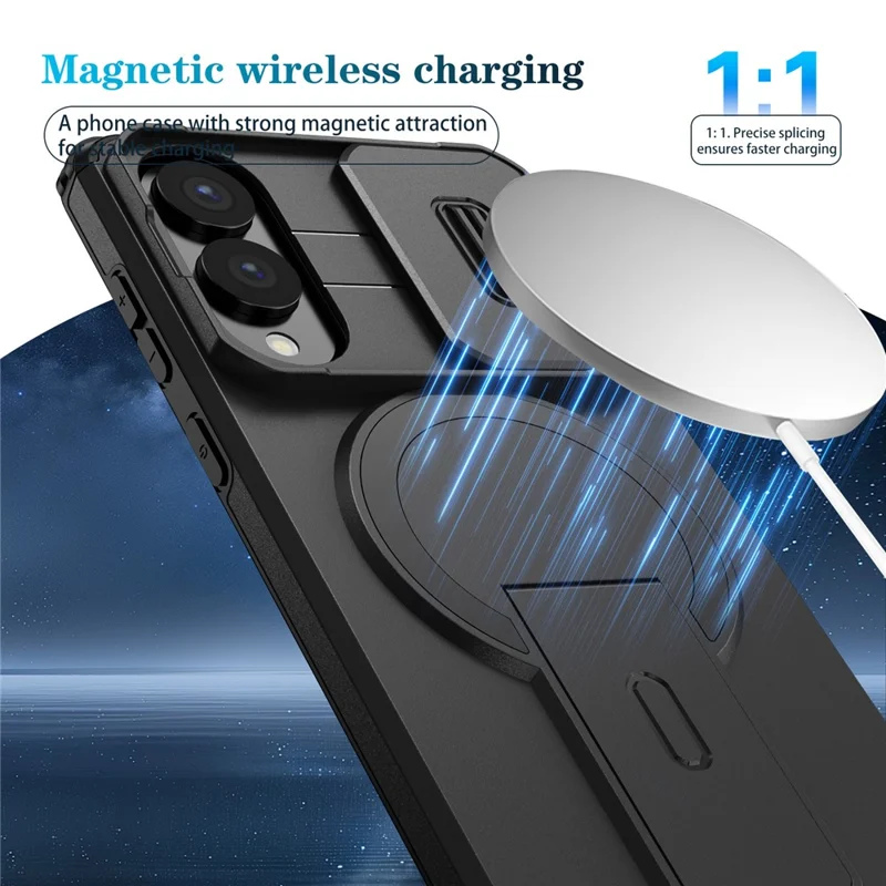 For Samsung Galaxy S25 Edge Magnetic Case Kickstand Camera Slider PC + TPU Phone Cover - Black