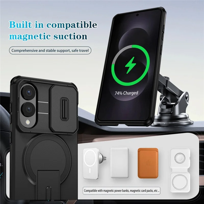 For Samsung Galaxy S25 Edge Magnetic Case Kickstand Camera Slider PC + TPU Phone Cover - Black