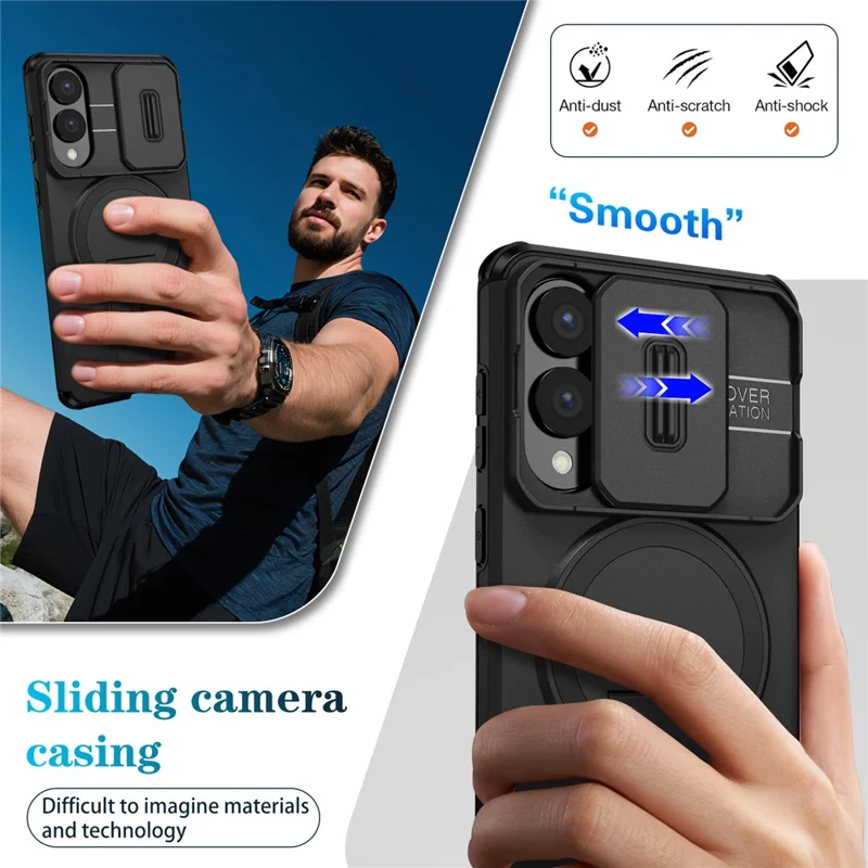 For Samsung Galaxy S25 Edge Magnetic Case Kickstand Camera Slider PC + TPU Phone Cover - Black