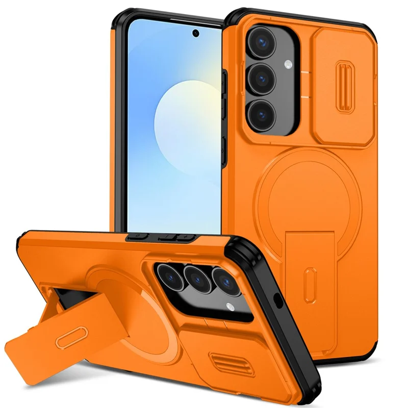 Funda para Samsung Galaxy S25 FE con soporte, deslizador de cámara, PC + TPU, Cubierta de teléfono compatible con MagSafe - Naranja