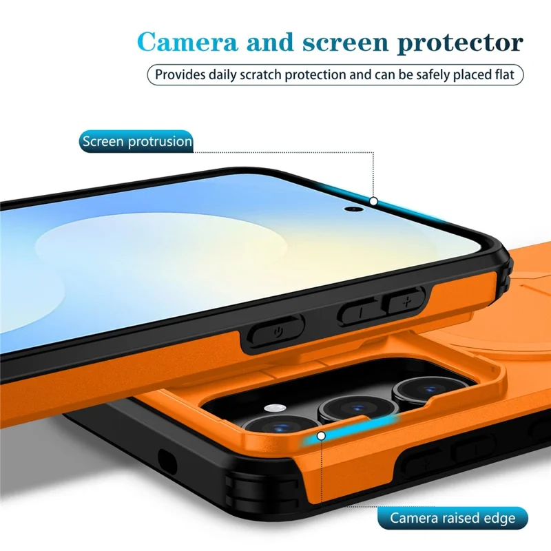 Funda para Samsung Galaxy S25 FE con soporte, deslizador de cámara, PC + TPU, Cubierta de teléfono compatible con MagSafe - Naranja