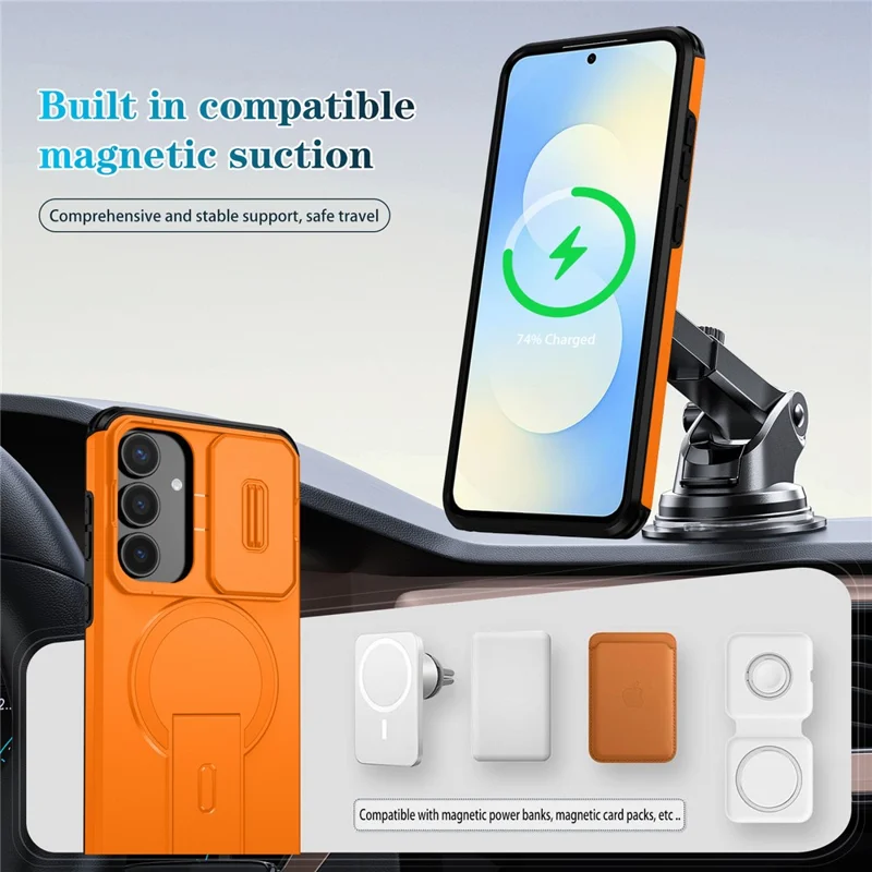 Funda para Samsung Galaxy S25 FE con soporte, deslizador de cámara, PC + TPU, Cubierta de teléfono compatible con MagSafe - Naranja