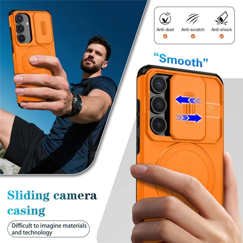 Funda para Samsung Galaxy S25 FE con soporte, deslizador de cámara, PC + TPU, Cubierta de teléfono compatible con MagSafe - Naranja