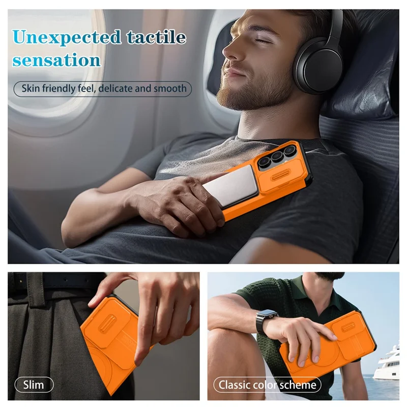 Funda para Samsung Galaxy S25 FE con soporte, deslizador de cámara, PC + TPU, Cubierta de teléfono compatible con MagSafe - Naranja