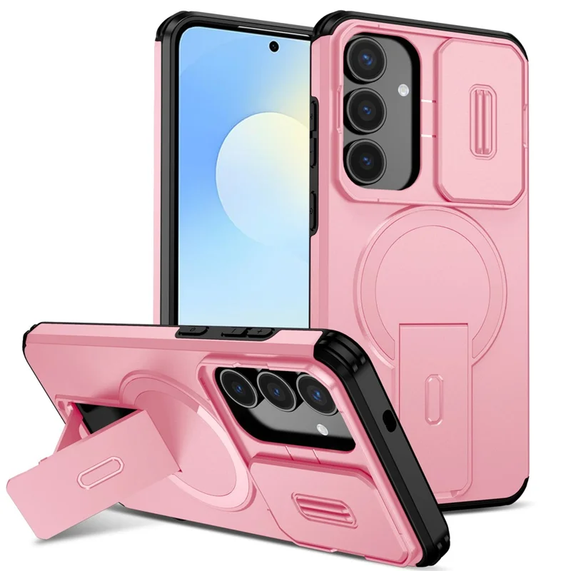 For Samsung Galaxy S25 FE Case Kickstand Camera Slider PC + TPU Phone Cover Magnetic Case - Pink