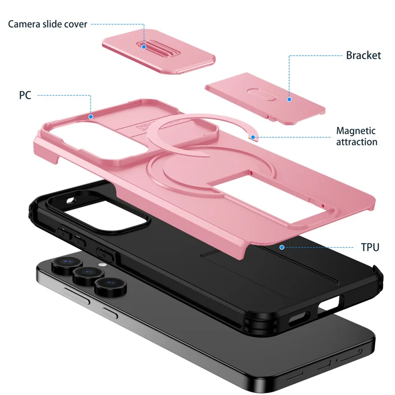 For Samsung Galaxy S25 FE Case Kickstand Camera Slider PC + TPU Phone Cover Magnetic Case - Pink