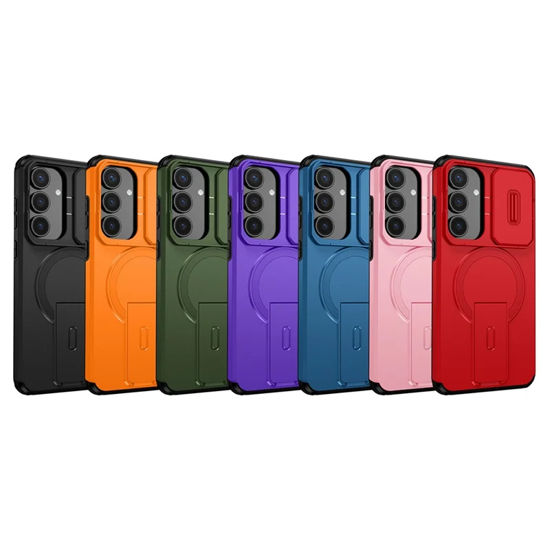 For Samsung Galaxy S25 FE Case Kickstand Camera Slider PC + TPU Phone Cover Magnetic Case - Pink