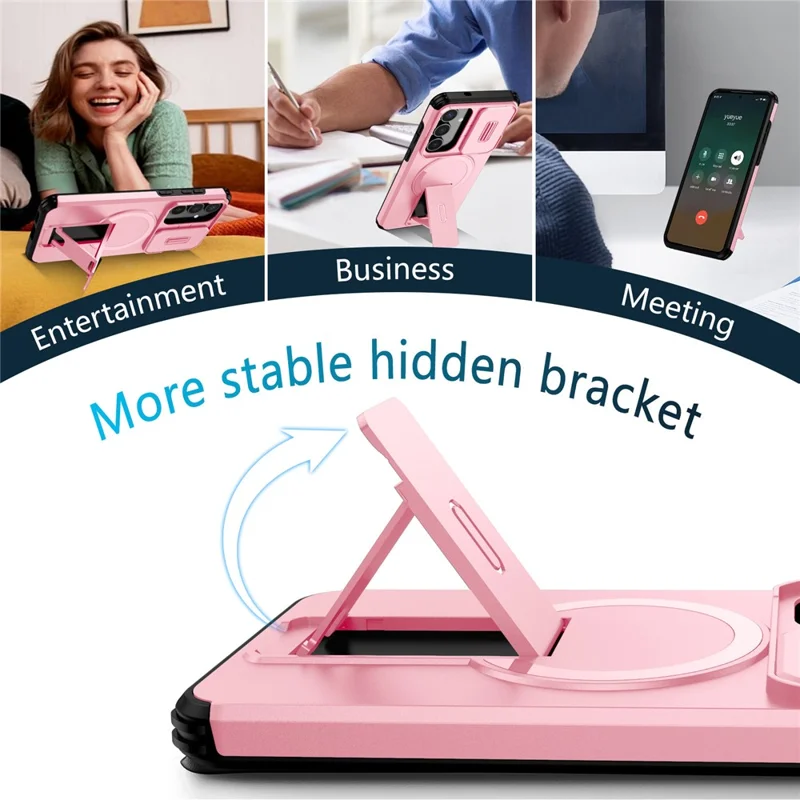 For Samsung Galaxy S25 FE Case Kickstand Camera Slider PC + TPU Phone Cover Magnetic Case - Pink