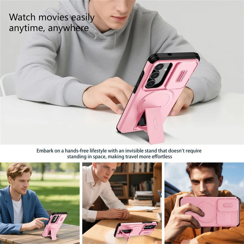 For Samsung Galaxy S25 FE Case Kickstand Camera Slider PC + TPU Phone Cover Magnetic Case - Pink