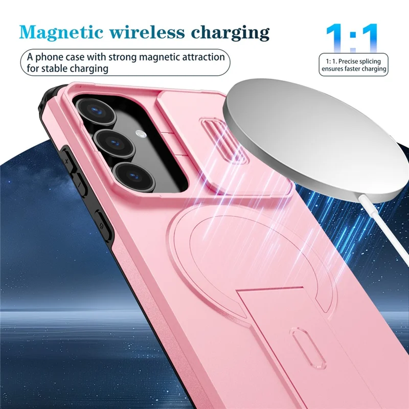 For Samsung Galaxy S25 FE Case Kickstand Camera Slider PC + TPU Phone Cover Magnetic Case - Pink