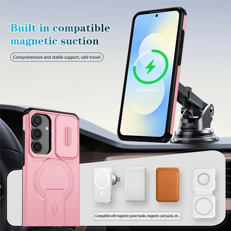 For Samsung Galaxy S25 FE Case Kickstand Camera Slider PC + TPU Phone Cover Magnetic Case - Pink