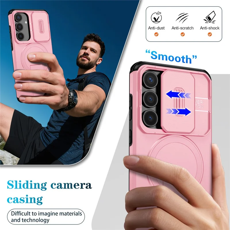 For Samsung Galaxy S25 FE Case Kickstand Camera Slider PC + TPU Phone Cover Magnetic Case - Pink