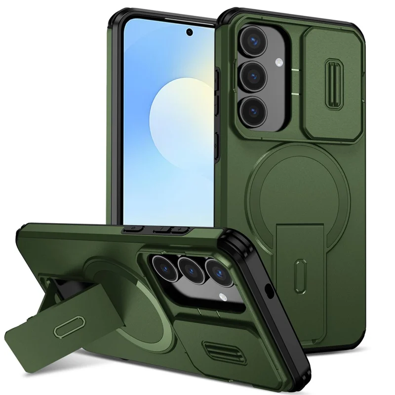 For Samsung Galaxy S25 FE Case Kickstand Camera Slider PC + TPU Phone Cover Magnetic Case - Green