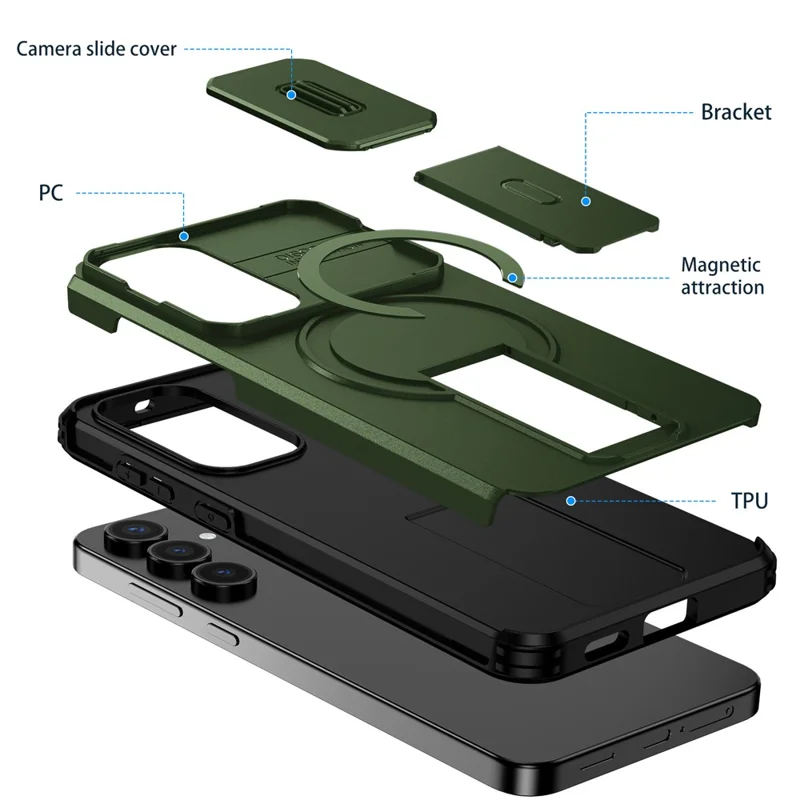 For Samsung Galaxy S25 FE Case Kickstand Camera Slider PC + TPU Phone Cover Magnetic Case - Green