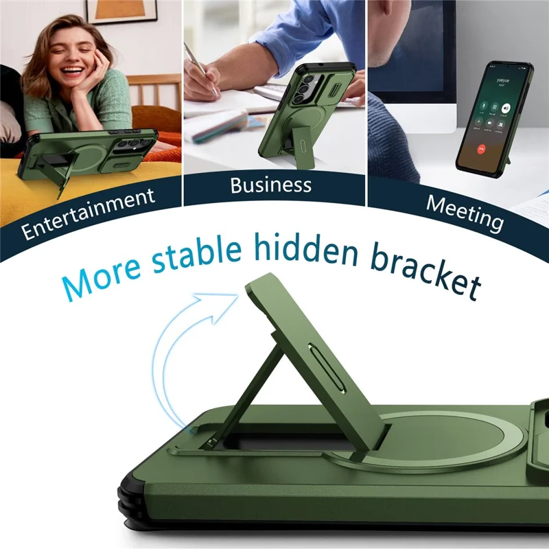 For Samsung Galaxy S25 FE Case Kickstand Camera Slider PC + TPU Phone Cover Magnetic Case - Green