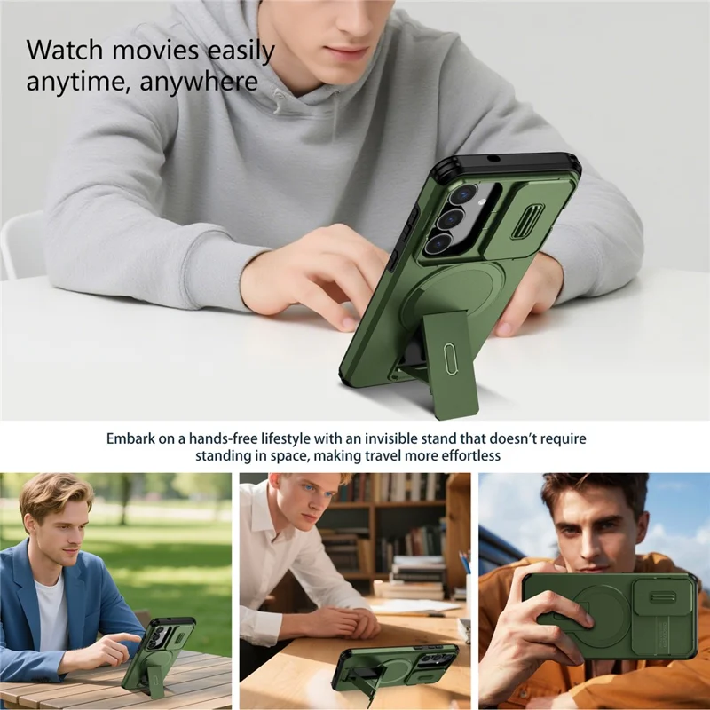 For Samsung Galaxy S25 FE Case Kickstand Camera Slider PC + TPU Phone Cover Magnetic Case - Green