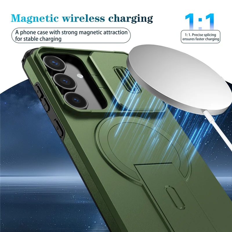 For Samsung Galaxy S25 FE Case Kickstand Camera Slider PC + TPU Phone Cover Magnetic Case - Green