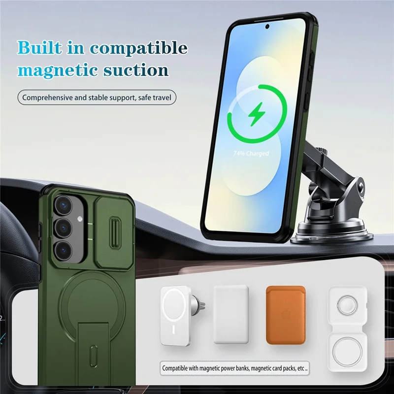For Samsung Galaxy S25 FE Case Kickstand Camera Slider PC + TPU Phone Cover Magnetic Case - Green
