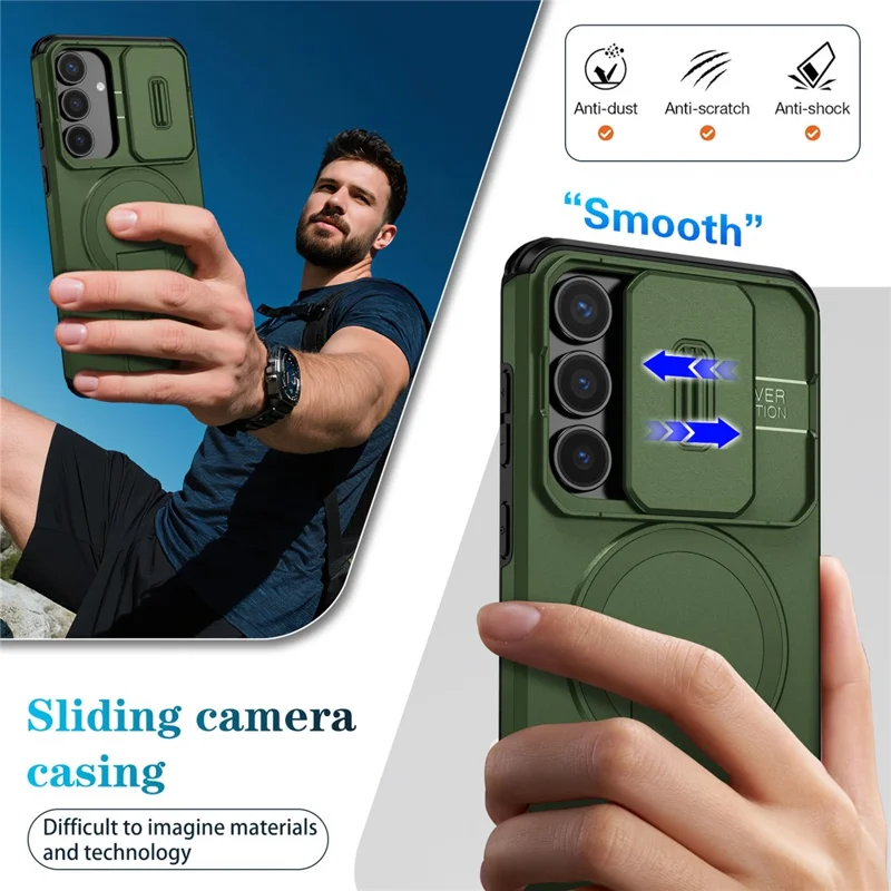 For Samsung Galaxy S25 FE Case Kickstand Camera Slider PC + TPU Phone Cover Magnetic Case - Green