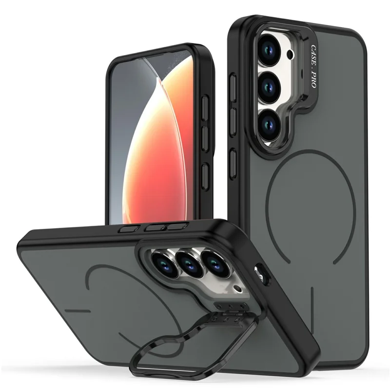 For Samsung Galaxy S23 Case Skin-touch PC + TPU Magnetic Phone Cover with Lens Frame Kickstand - Black