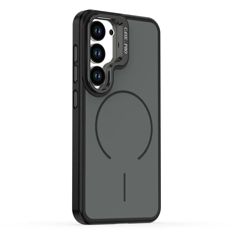 For Samsung Galaxy S23 Case Skin-touch PC + TPU Magnetic Phone Cover with Lens Frame Kickstand - Black