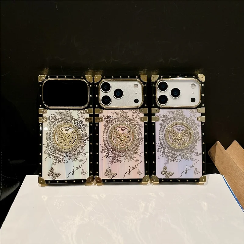 For iPhone 17 Pro Hoesjes met Strassieraden Vlinderpatroon TPU + PC Telefoonhoesje - Paars