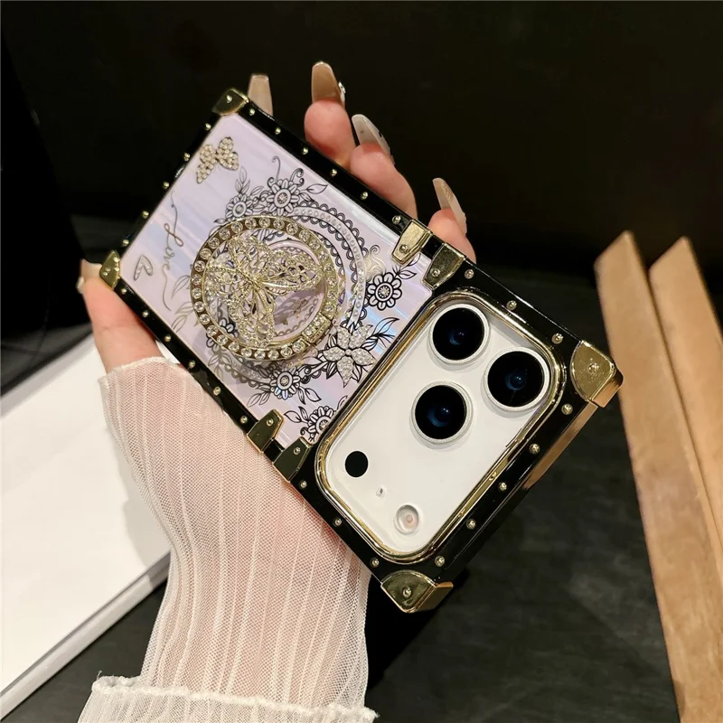 For iPhone 17 Pro Hoesjes met Strassieraden Vlinderpatroon TPU + PC Telefoonhoesje - Paars