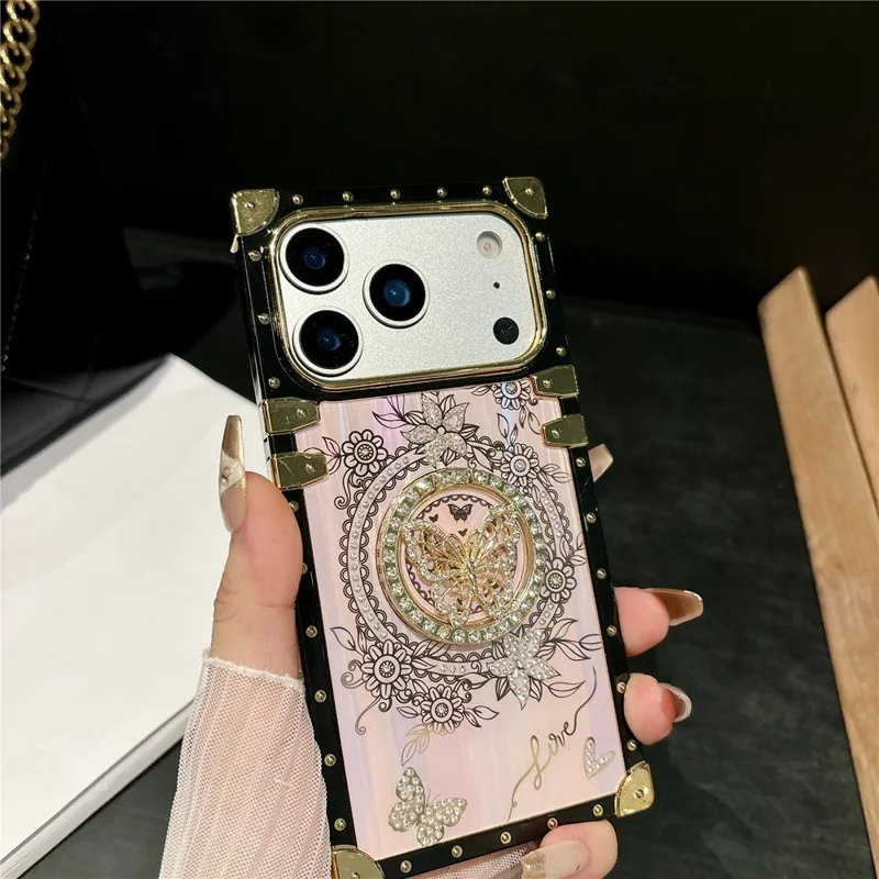 For iPhone 17 Pro Hoesjes met Strassieraden Vlinderpatroon TPU + PC Telefoonhoesje - Paars