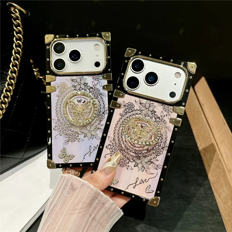 For iPhone 17 Pro Hoesjes met Strassieraden Vlinderpatroon TPU + PC Telefoonhoesje - Paars