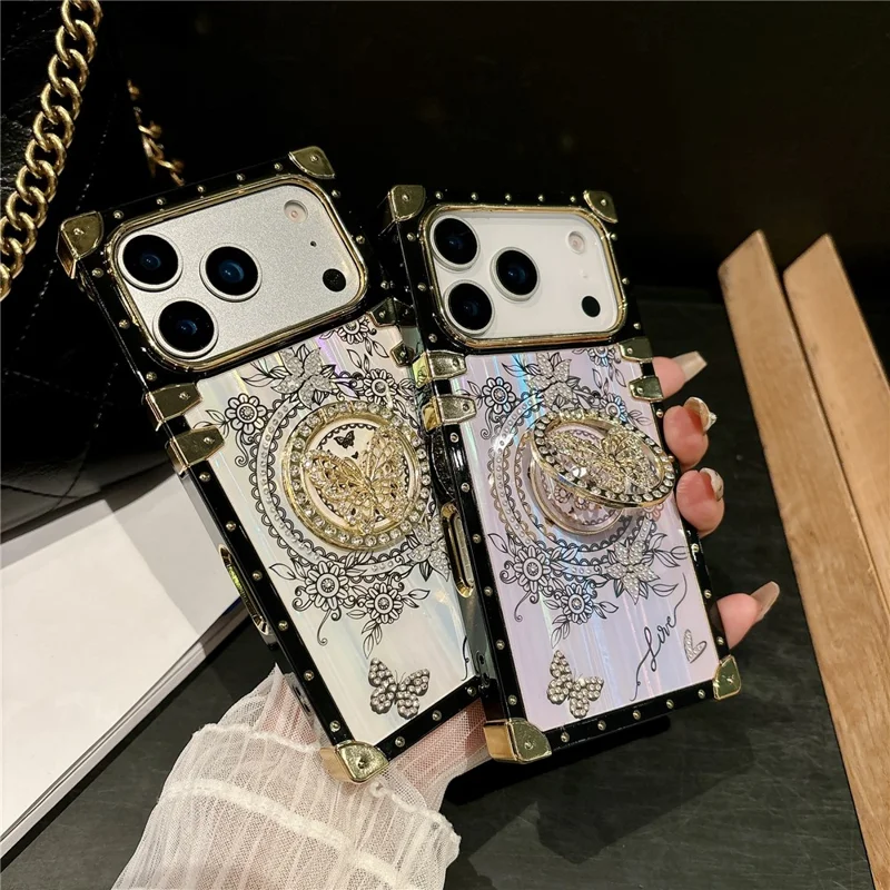 For iPhone 17 Pro Hoesjes met Strassieraden Vlinderpatroon TPU + PC Telefoonhoesje - Paars