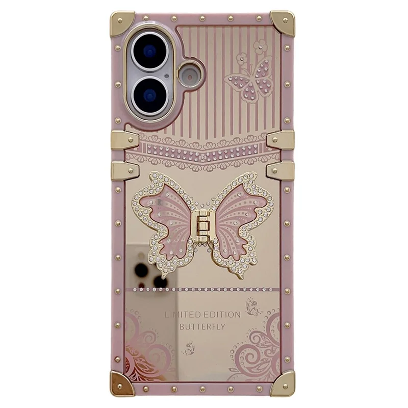 For iPhone 17 Case Electroplated TPU + PC Phone Cover with Butterfly Kickstand - Pink