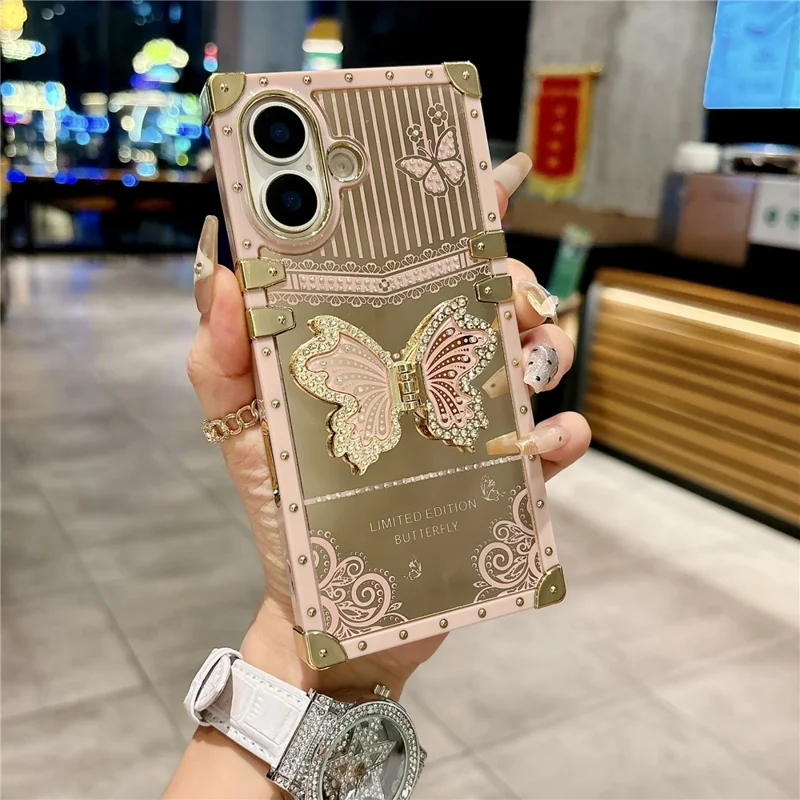 For iPhone 17 Case Electroplated TPU + PC Phone Cover with Butterfly Kickstand - Pink