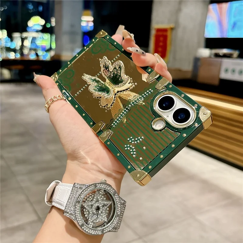 For iPhone 17 Case Electroplated TPU + PC Phone Cover with Butterfly Kickstand - Pink