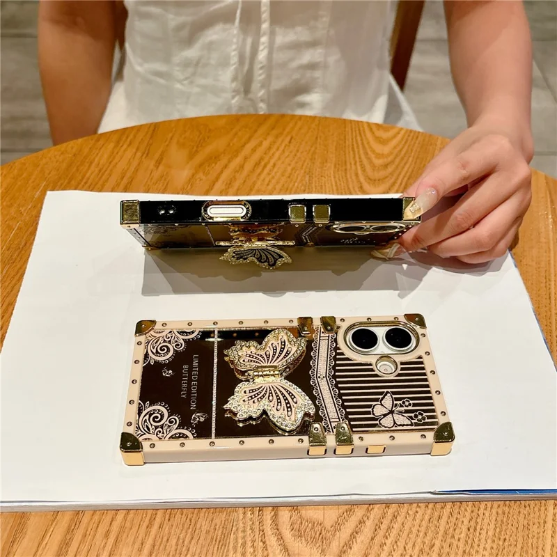 For iPhone 17 Case Electroplated TPU + PC Phone Cover with Butterfly Kickstand - Pink