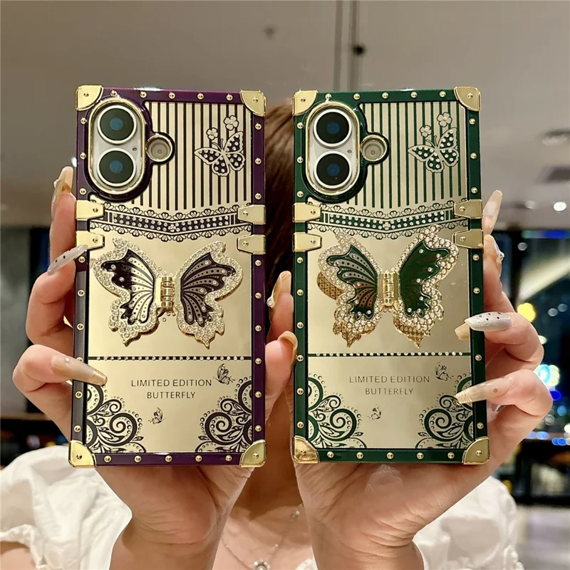 For iPhone 17 Case Electroplated TPU + PC Phone Cover with Butterfly Kickstand - Pink