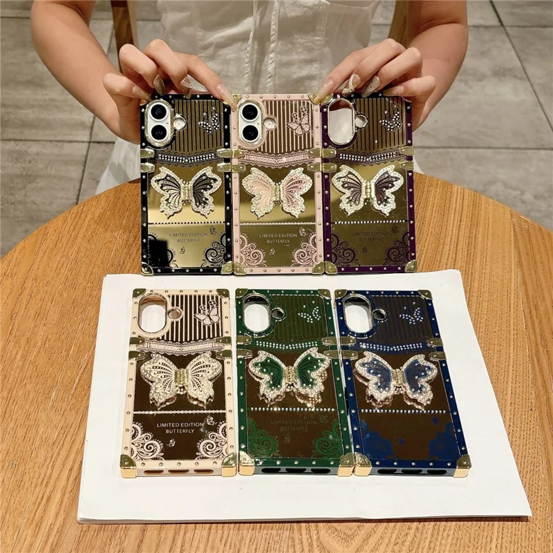 For iPhone 17 Case Electroplated TPU + PC Phone Cover with Butterfly Kickstand - Pink