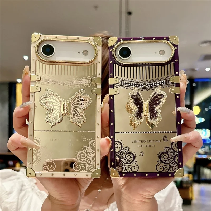 For iPhone Air Case Electroplated TPU + PC Phone Cover with Butterfly Kickstand - Pink