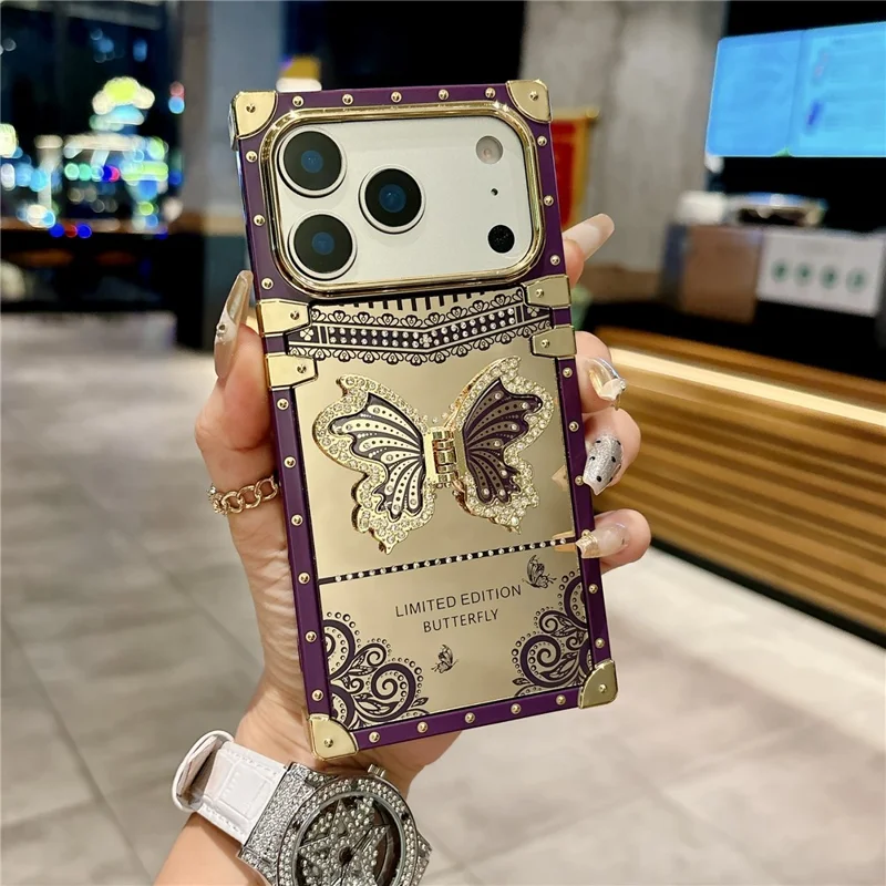 Cover per iPhone 17 Pro, Cover per Telefono in TPU e PC Placcato con Supporto a Farfalla - Viola Scuro