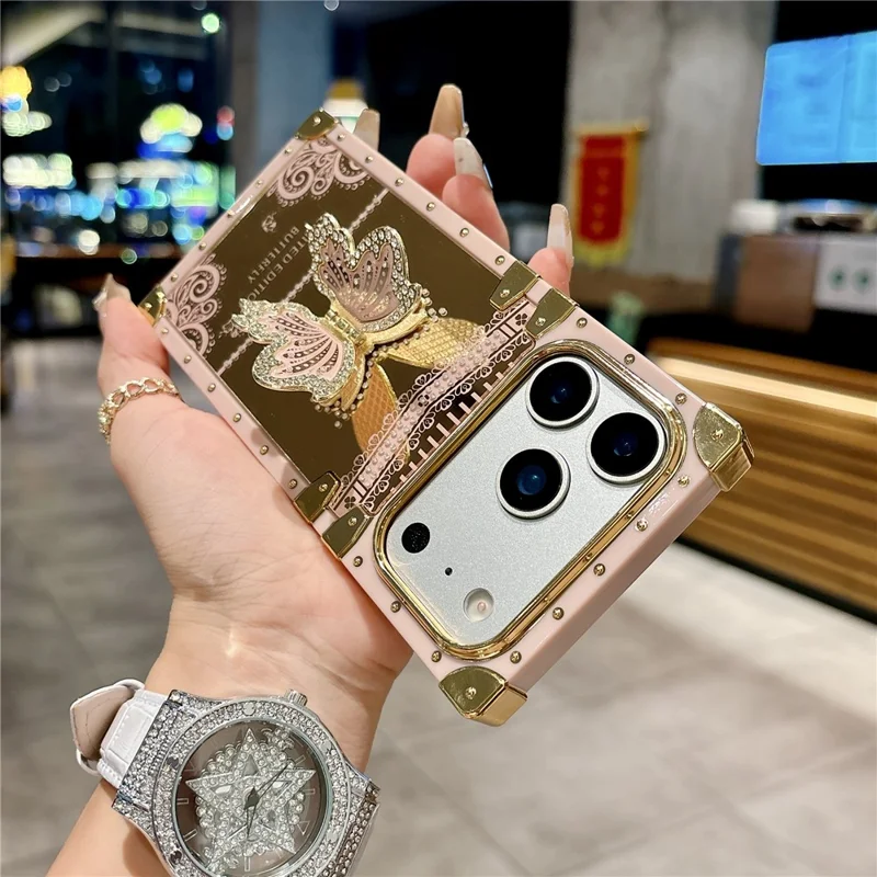 Cover per iPhone 17 Pro, Cover per Telefono in TPU e PC Placcato con Supporto a Farfalla - Viola Scuro